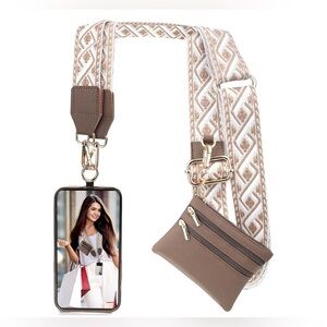 Brown and White Crossbody Phone Holder with Strap